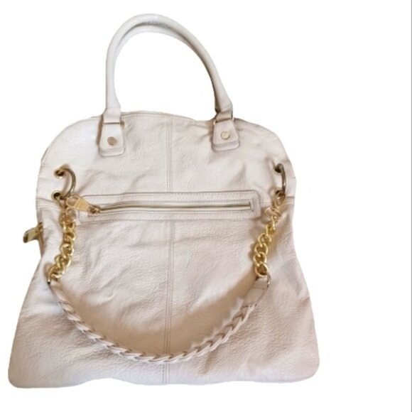 Steve Madden Chunky Gold Chain Purse Tan Faux Pebble Leather Zippers Tote Bag - Picture 1 of 8